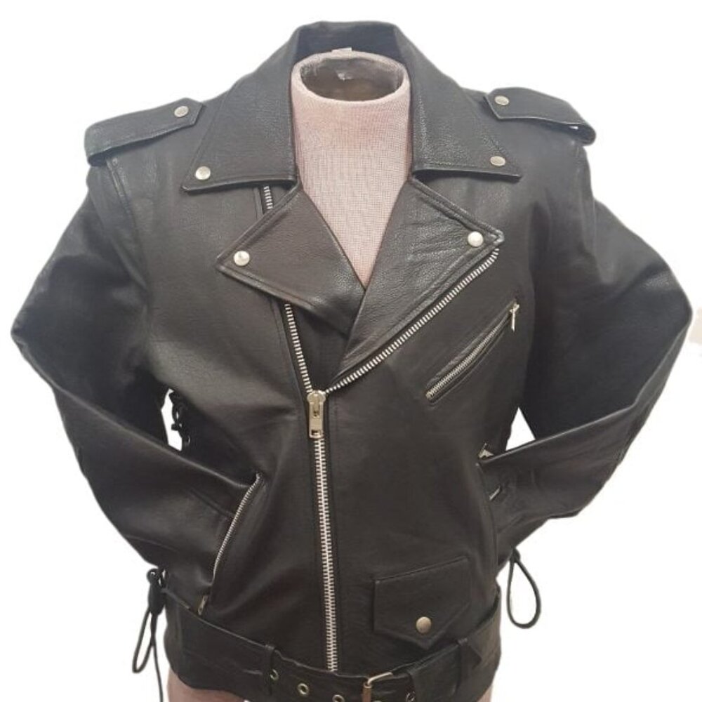 Men’s Classic Durable Cowhide Leather Motorcycle Jacket Adjustable Side Lace